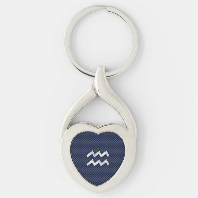 Silver Aquarius Sign on Navy Blue Carbon Fiber Art Keychain (Front)