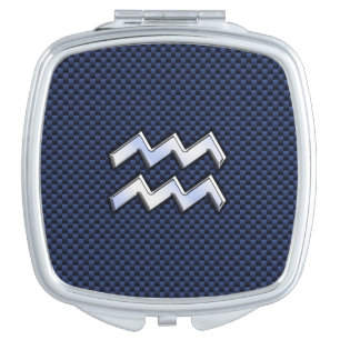 Silver Aquarius Sign on Navy Blue Carbon Fiber Art Mirror For Makeup