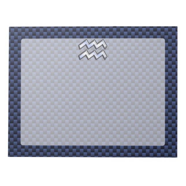 Silver Aquarius Sign on Navy Blue Carbon Fiber Art Notepad (Front)