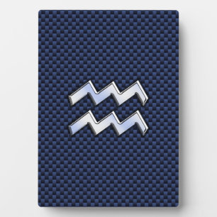 Silver Aquarius Sign on Navy Blue Carbon Fiber Art Plaque