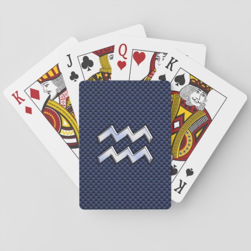 Silver Aquarius Sign on Navy Blue Carbon Fiber Art Poker Cards