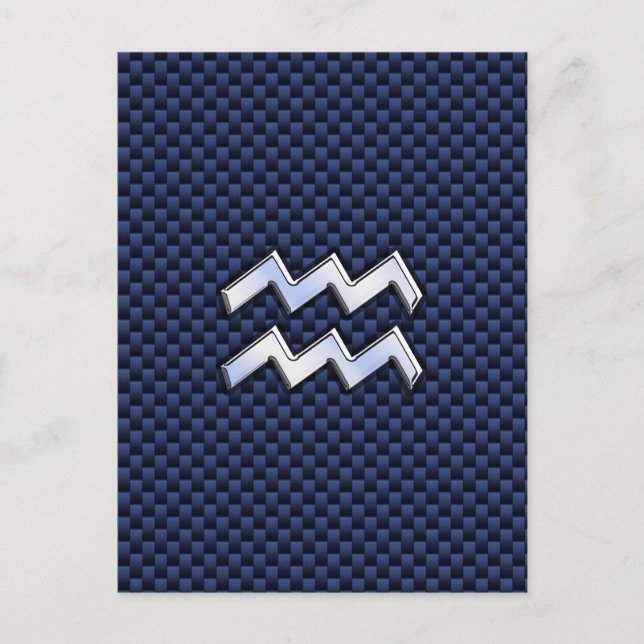 Silver Aquarius Sign on Navy Blue Carbon Fiber Art Postcard (Front)