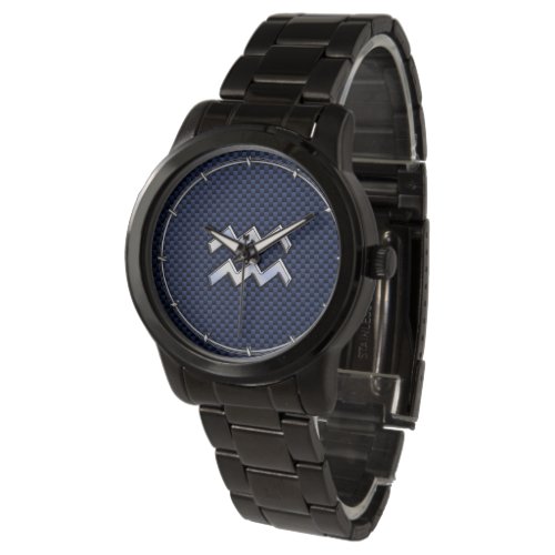 Silver Aquarius Sign on Navy Blue Carbon Fiber Art Watch