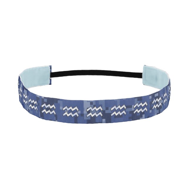 Silver Aquarius Zodiac Sign Navy Blue Digital Camo Athletic Headband (Front)