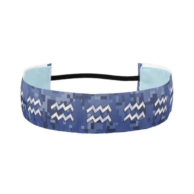 Silver Aquarius Zodiac Sign Navy Blue Digital Camo Athletic Headband (Front)