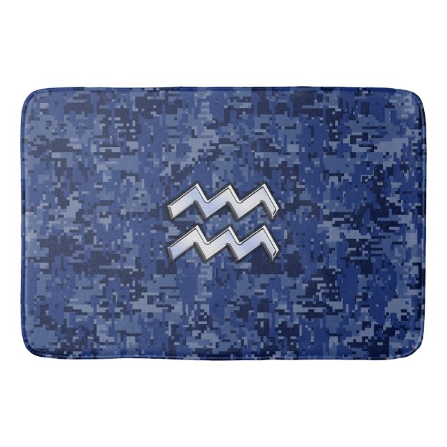 Silver Aquarius Zodiac Sign Navy Blue Digital Camo Bathroom Mat (Front)