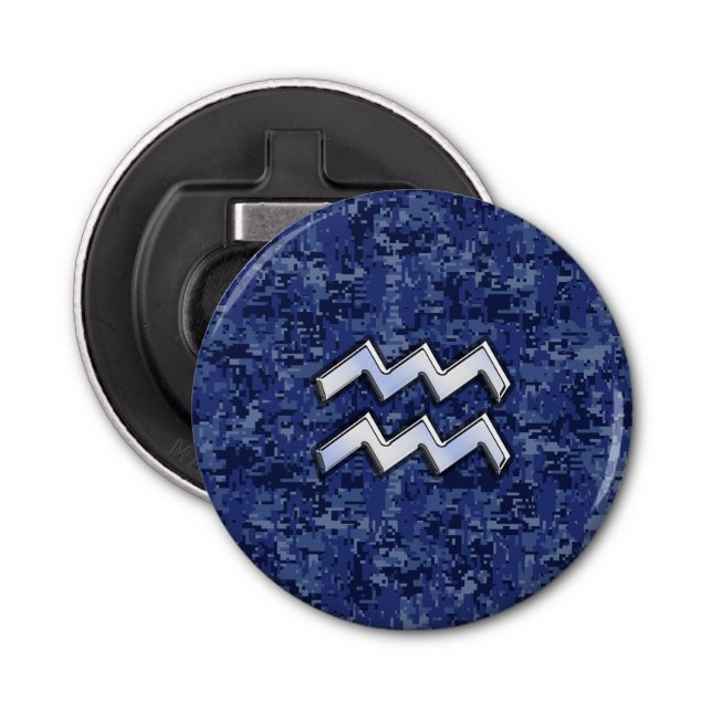 Silver Aquarius Zodiac Sign Navy Blue Digital Camo Bottle Opener (Front)