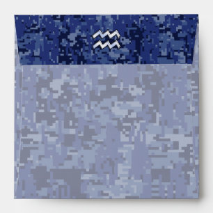 Silver Aquarius Zodiac Sign Navy Blue Digital Camo Envelope