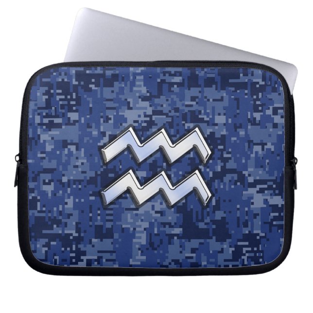 Silver Aquarius Zodiac Sign Navy Blue Digital Camo Laptop Sleeve (Front)