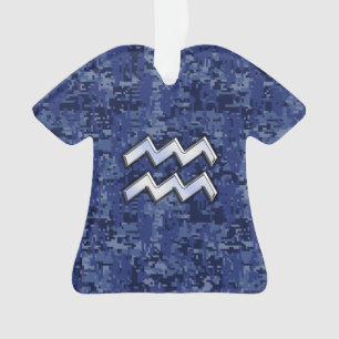 Silver Aquarius Zodiac Sign Navy Blue Digital Camo Ornament