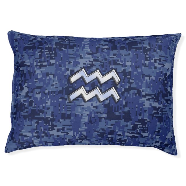Silver Aquarius Zodiac Sign Navy Blue Digital Camo Pet Bed (Front)