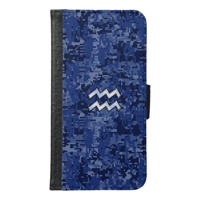 Silver Aquarius Zodiac Sign Navy Blue Digital Camo Samsung Galaxy Wallet Case (Front)