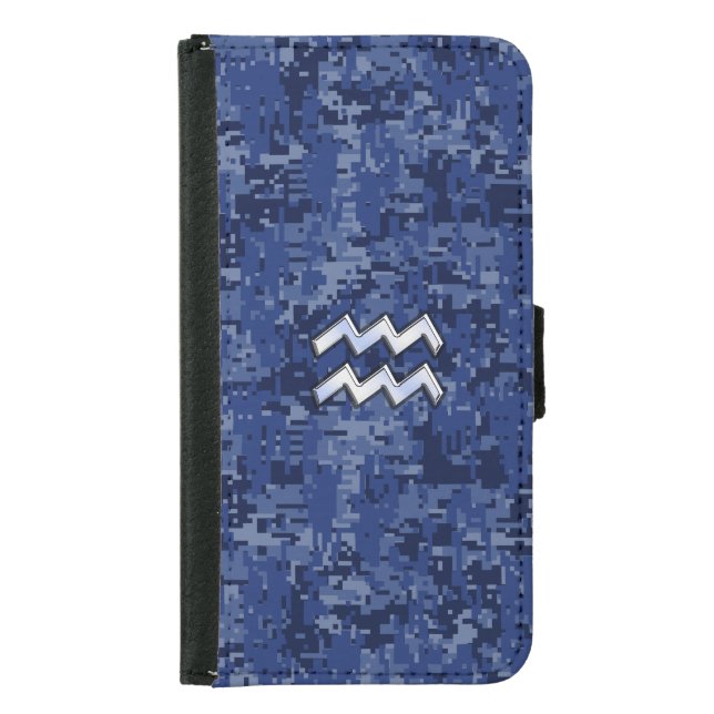 Silver Aquarius Zodiac Sign Navy Blue Digital Camo Samsung Galaxy Wallet Case (Front)