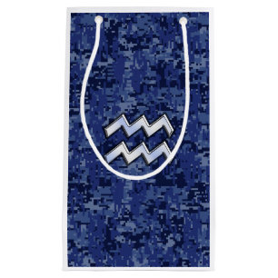 Silver Aquarius Zodiac Sign Navy Blue Digital Camo Small Gift Bag