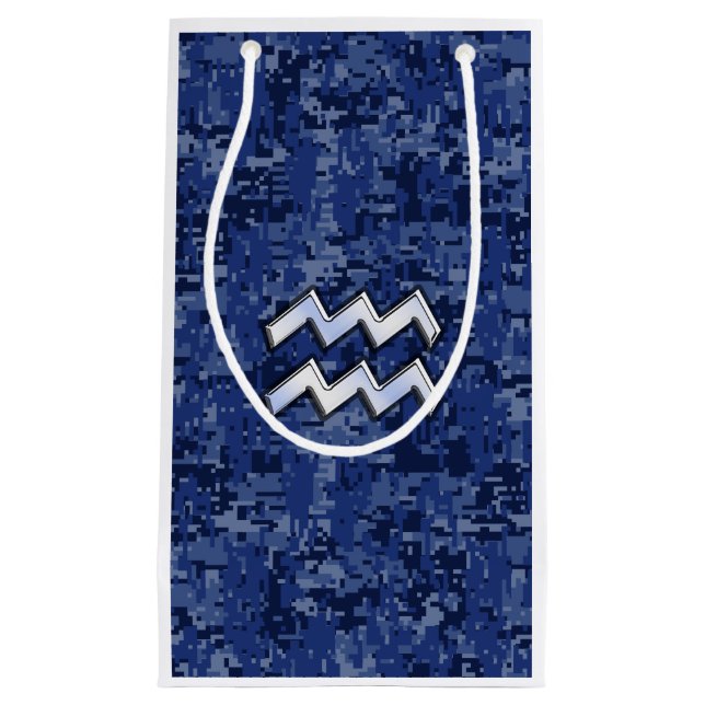Silver Aquarius Zodiac Sign Navy Blue Digital Camo Small Gift Bag (Front)