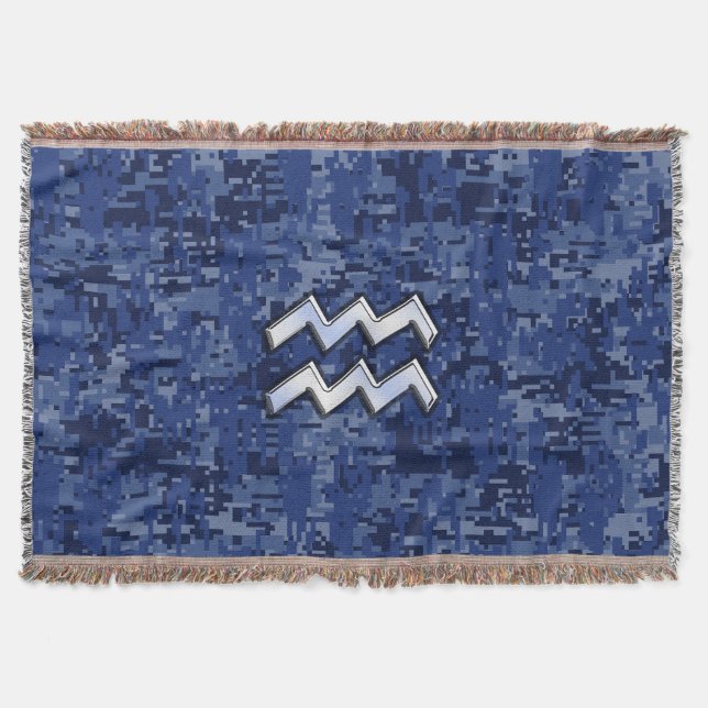 Silver Aquarius Zodiac Sign Navy Blue Digital Camo Throw Blanket (Front)