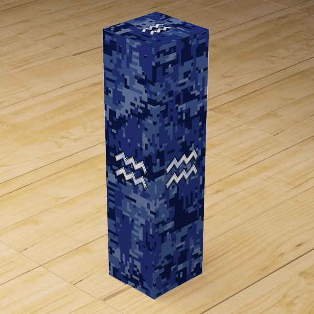 Silver Aquarius Zodiac Sign Navy Blue Digital Camo Wine Box (Front)