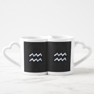 Silver Aquarius Zodiac Symbol Carbon Fiber Style Coffee Mug Set