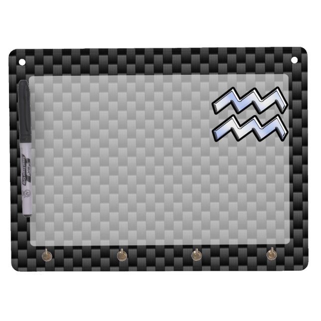 Silver Aquarius Zodiac Symbol Carbon Fiber Style Dry Erase Board With Keychain Holder (Front)
