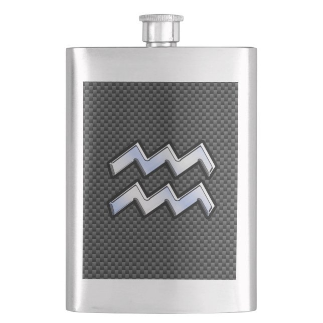 Silver Aquarius Zodiac Symbol Carbon Fiber Style Flask (Front)
