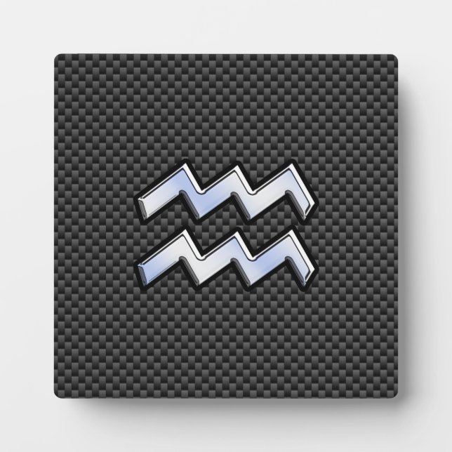 Silver Aquarius Zodiac Symbol Carbon Fiber Style Plaque (Front)