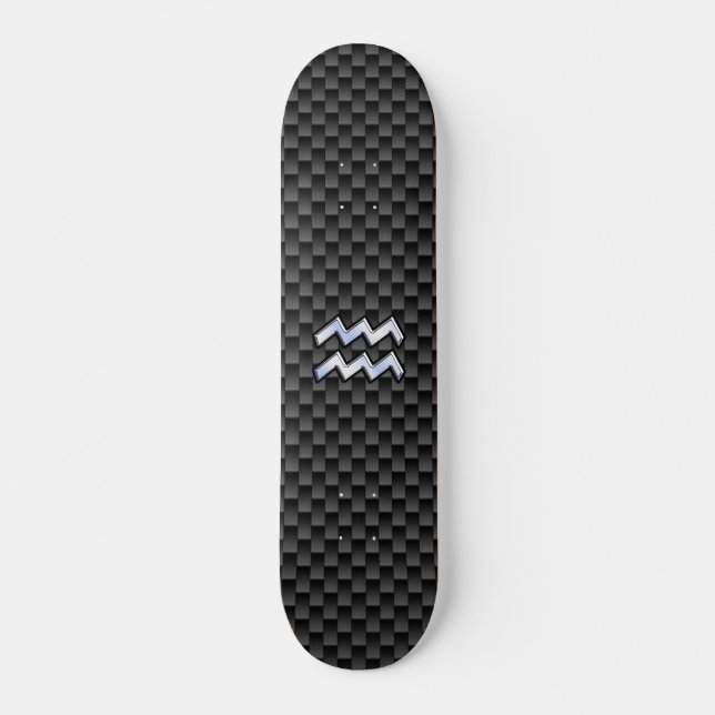 Silver Aquarius Zodiac Symbol Carbon Fiber Style Skateboard (Front)
