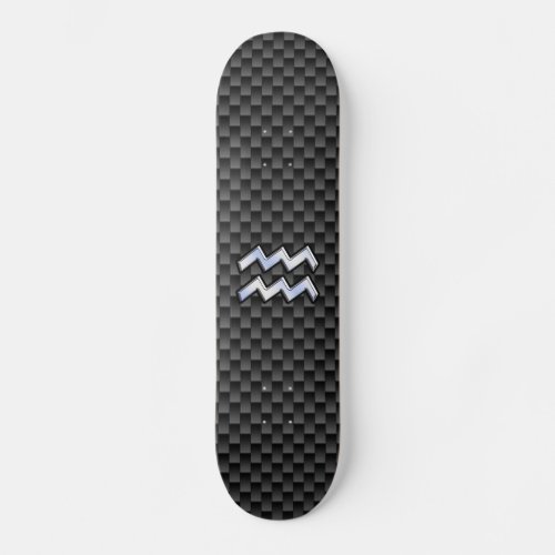 Silver Aquarius Zodiac Symbol Carbon Fiber Style Skateboard Deck
