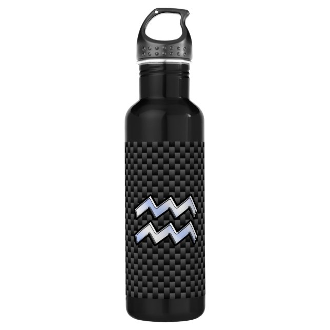 Silver Aquarius Zodiac Symbol Carbon Fiber Style Stainless Steel Water Bottle (Front)