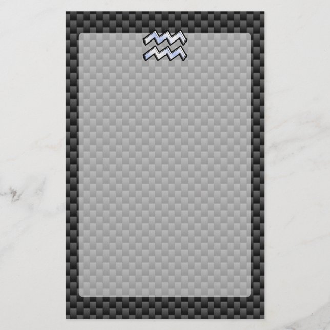 Silver Aquarius Zodiac Symbol Carbon Fiber Style Stationery (Front)