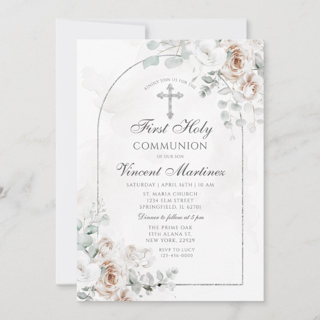 Silver Arch White Boho Floral First Holy Communion Invitation (Front)