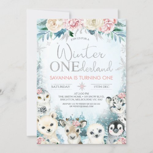 Silver Arctic Animal Winter Onederland Birthday Invitation