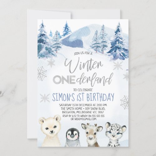 Silver Arctic Animals Winter Onederland Birthday Invitation