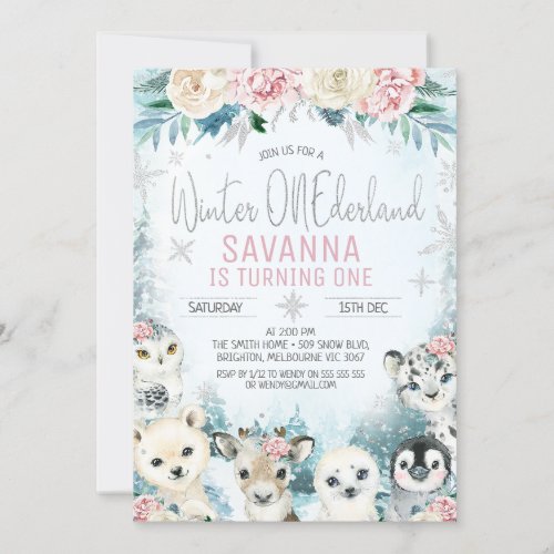 Silver Arctic Animals Winter Onederland Birthday Invitation