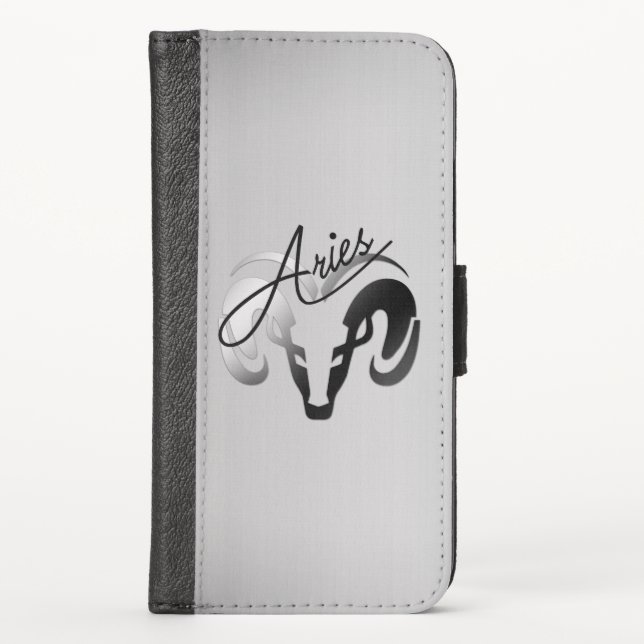 Silver Aries the Ram Zodiac iPhone Wallet Case (Front)