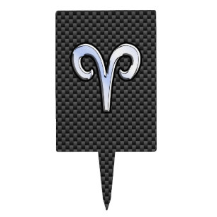 Silver Aries Zodiac Sign Black Carbon Fiber Print Cake Topper