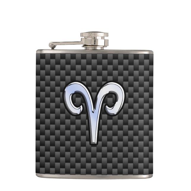 Silver Aries Zodiac Sign Black Carbon Fiber Print Flask (Front)