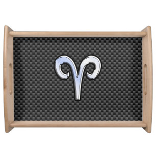 Silver Aries Zodiac Sign Black Carbon Fiber Print Serving Tray