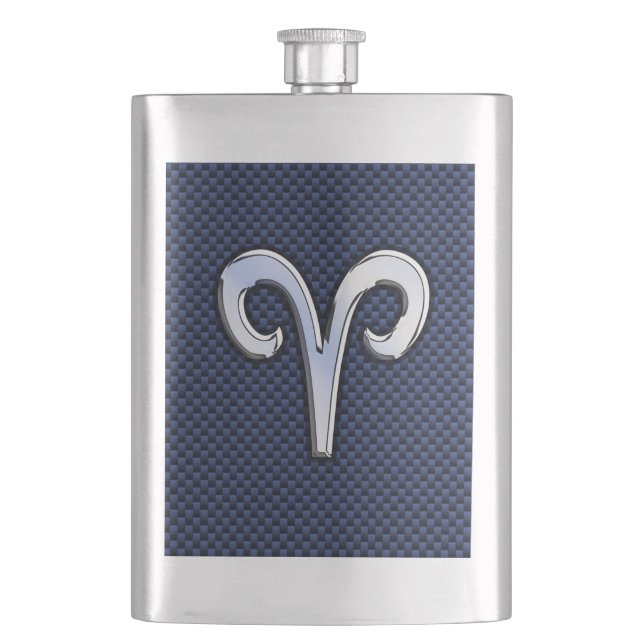 Silver Aries Zodiac Sign Blue Carbon Fiber Print Flask (Front)