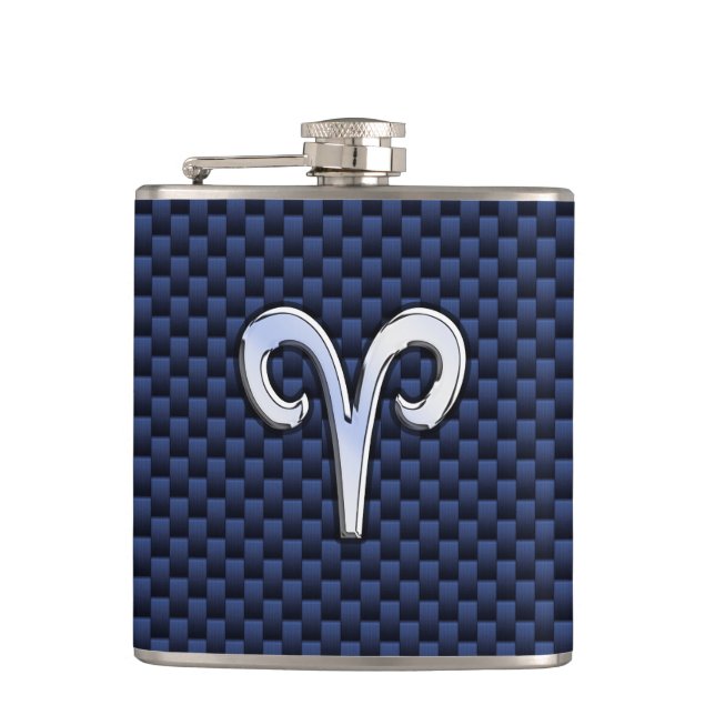 Silver Aries Zodiac Sign Blue Carbon Fiber Print Hip Flask (Front)