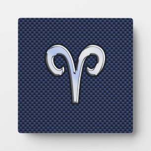 Silver Aries Zodiac Sign Blue Carbon Fiber Print Plaque