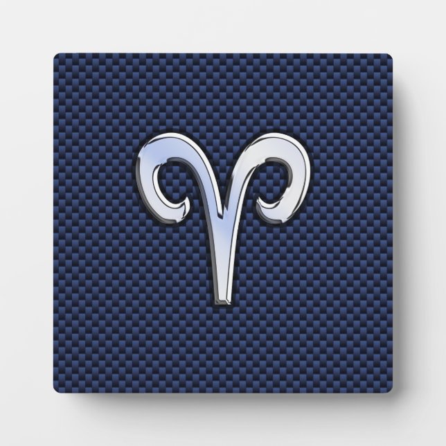 Silver Aries Zodiac Sign Blue Carbon Fiber Print Plaque (Front)