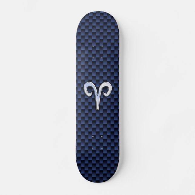 Silver Aries Zodiac Sign Blue Carbon Fiber Print Skateboard Deck (Front)