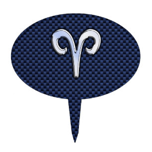 Silver Aries Zodiac Sign Navy Carbon Fiber Style Cake Topper