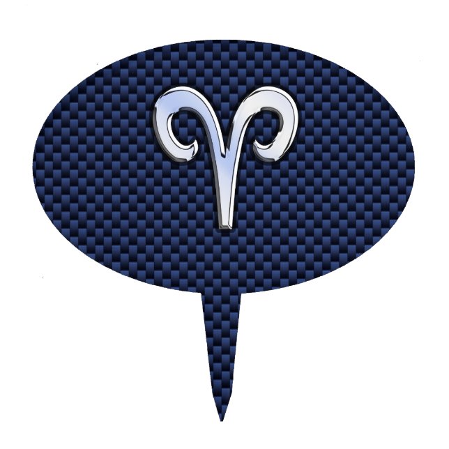 Silver Aries Zodiac Sign Navy Carbon Fiber Style Cake Topper (Front)