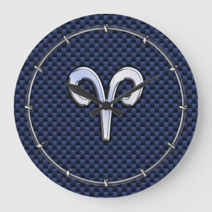 Silver Aries Zodiac Sign Navy Carbon Fiber Style Large Clock