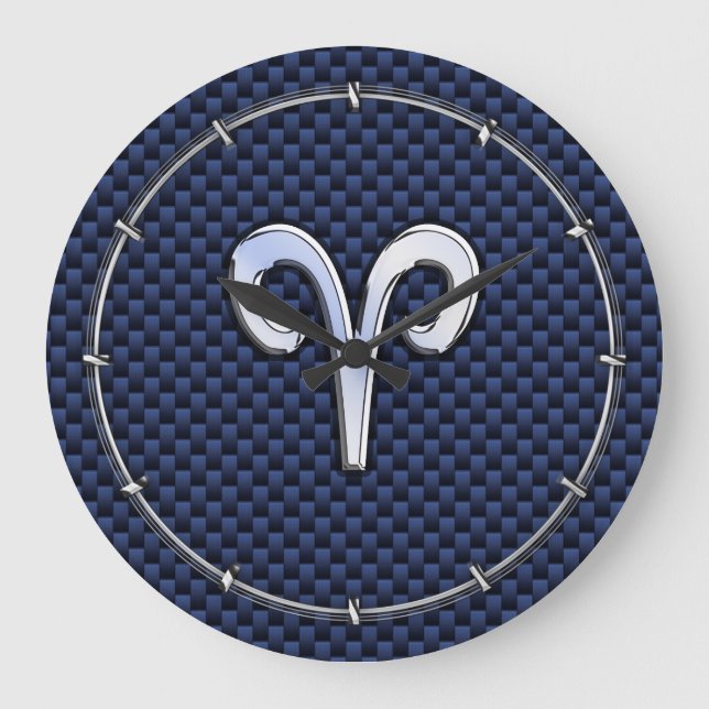 Silver Aries Zodiac Sign Navy Carbon Fiber Style Large Clock (Front)