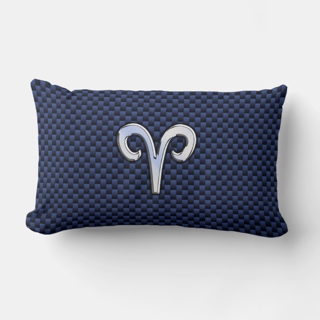Silver Aries Zodiac Sign Navy Carbon Fiber Style Lumbar Pillow (Front)