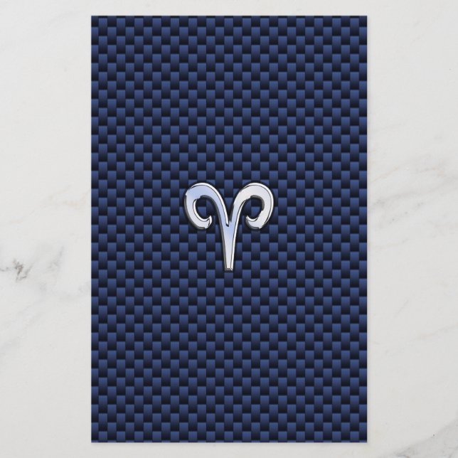 Silver Aries Zodiac Sign Navy Carbon Fiber Style Stationery (Front)