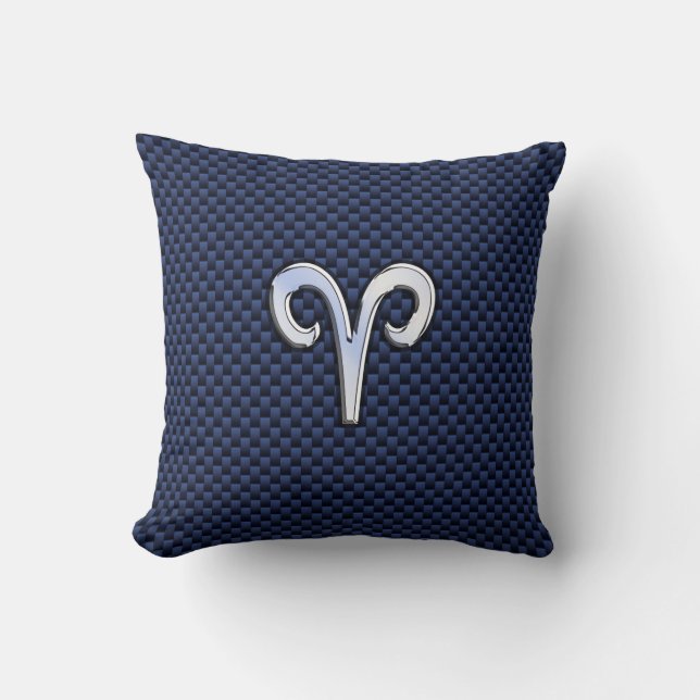 Silver Aries Zodiac Sign Navy Carbon Fiber Style Throw Pillow (Front)