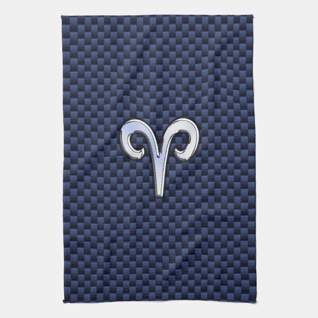 Silver Aries Zodiac Sign Navy Carbon Fiber Style Towel (Vertical)